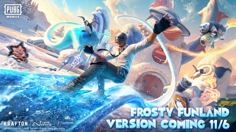 Promosi Frosty Funland dalam PUBG MOBILE Versi 4.1 menampilkan karakter utama berseluncur di dunia es dengan berbagai aktivitas dan mini-game bertema musim dingin yang penuh warna.