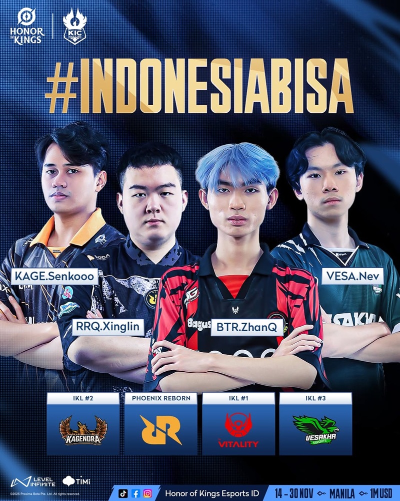 Empat wakil Indonesia di KIC 2025 — RRQ, Bigetron by Vitality, Kagendra, dan Vesakha Esports berpose dalam kampanye #INDONESIABISA