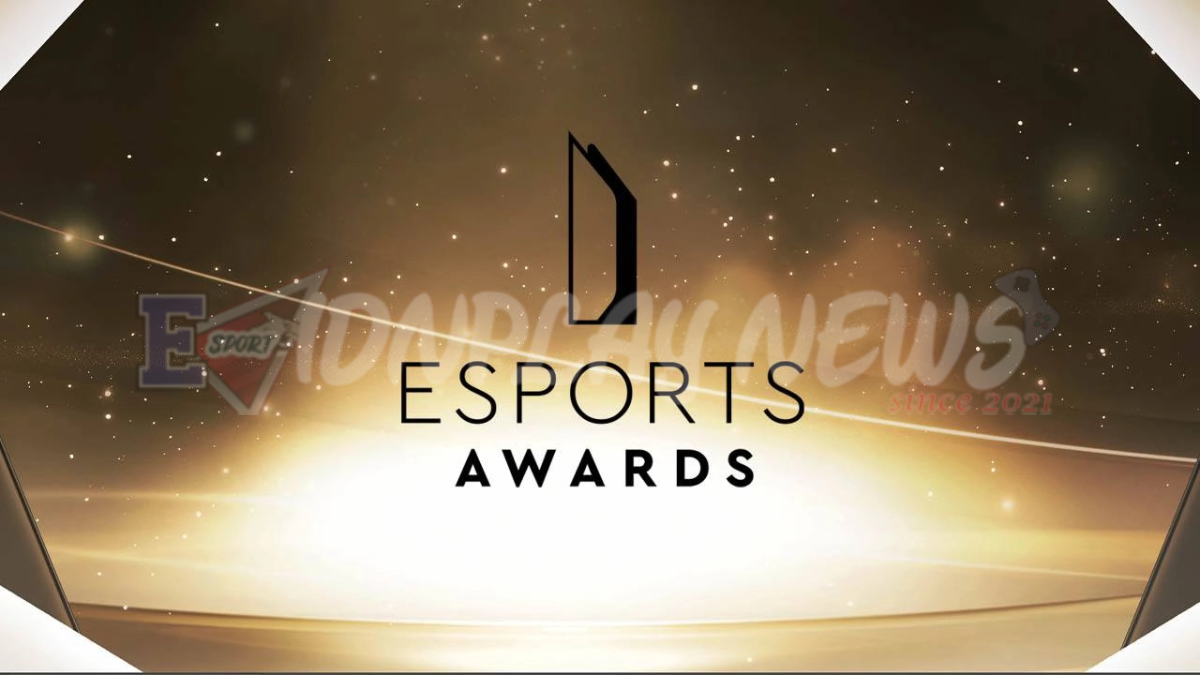Trofi kaca di meja gelap dengan cahaya emas untuk venue Esports Awards 2026 Miami