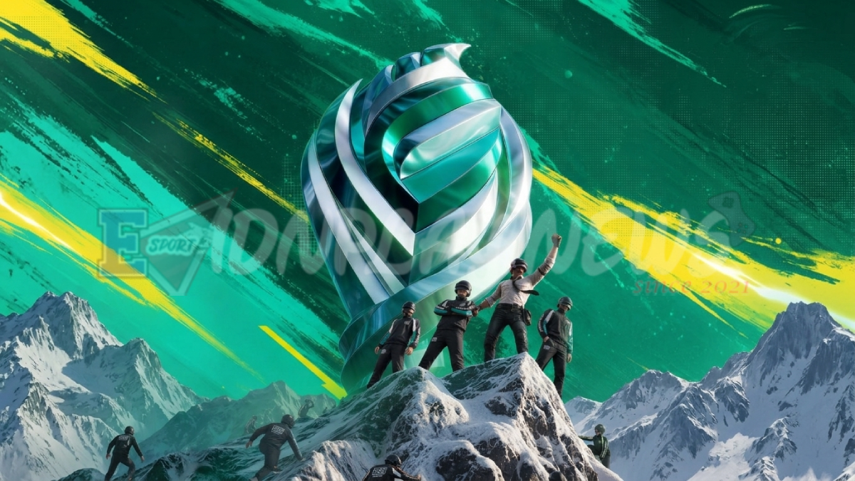 Artwork resmi PMGO S2 menampilkan trofi spiral hijau-silver megah di atas puncak gunung bersalju dengan karakter PUBG Mobile berpose kemenangan sebagai ilustrasi prediksi juara PMGO S2 Main Event yang berlangsung di Pakistan