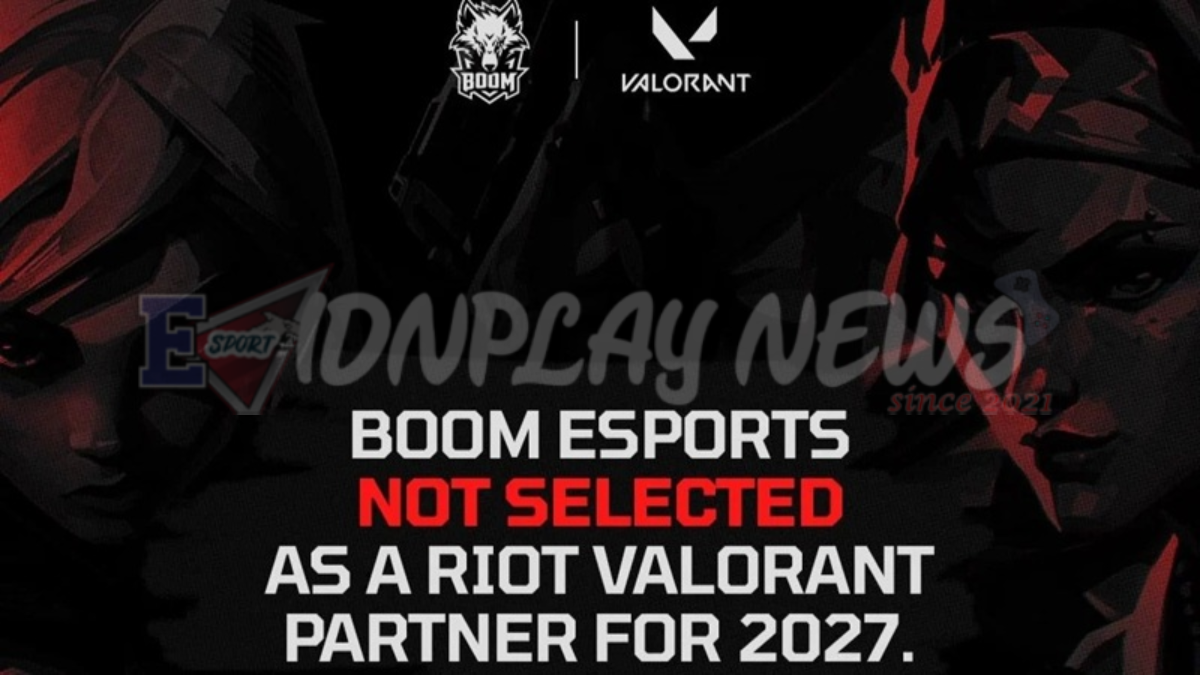 Poster pengumuman resmi berwarna hitam merah dramatis dengan logo BOOM Esports dan VALORANT di atas serta teks tegas NOT SELECTED AS RIOT VALORANT PARTNER FOR 2027 sebagai ilustrasi keputusan Riot Games yang tidak memilih BOOM Esports sebagai mitra VCT 2027
